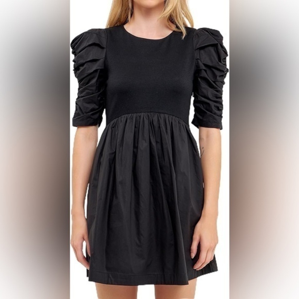 *English Factory Pleated Puff Sleeve Mini Dress